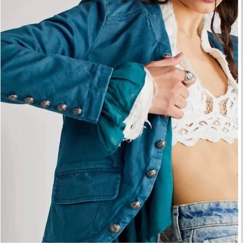 Free People Ruffles Romance Jacket in Teal Jewel - Picture 3 of 9